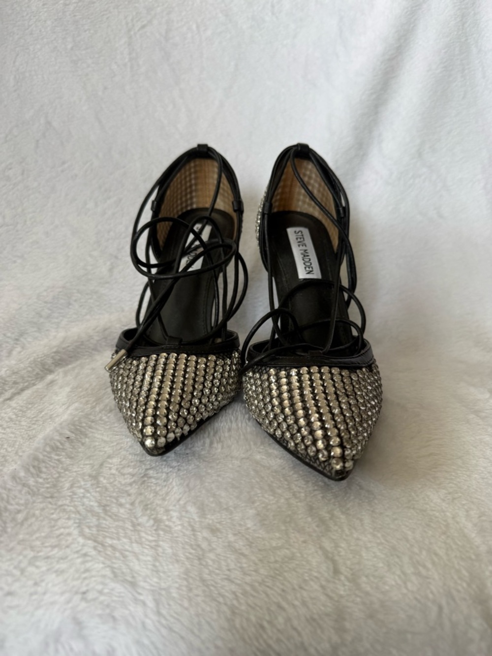 Steve Madden Vanity Mesh Crystal Embellished Black Lace-Up Stiletto Pump - Picture 6 of 12